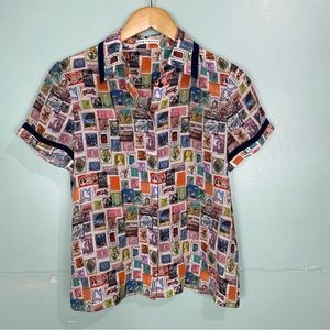 Alice + Olivia Oswald Stamp Postage Travel Artsy Button Down Shirt Silk Sz M